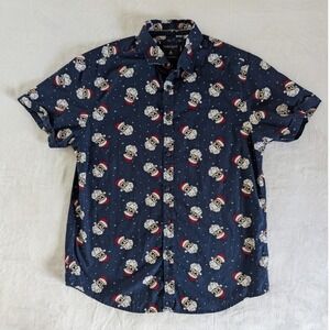 Denim & Flower Navy Santa Claus Print Short Sleeve Button Up Shirt Men's Sz M